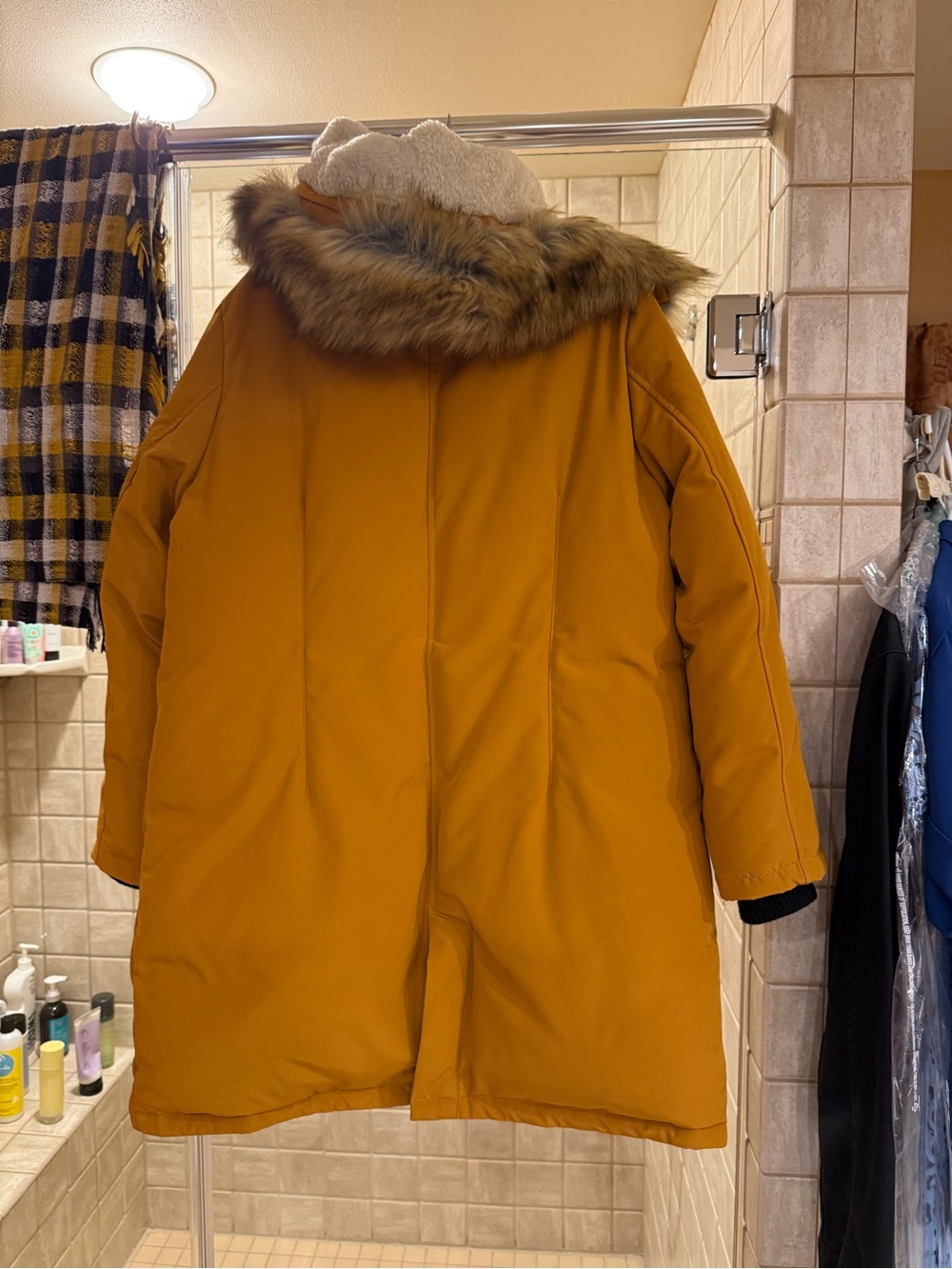 Sam Edelman Mustard Hooded Faux-Fur Trim Puffer Coat with Matching Plaid Scarf - Picture 9 of 15